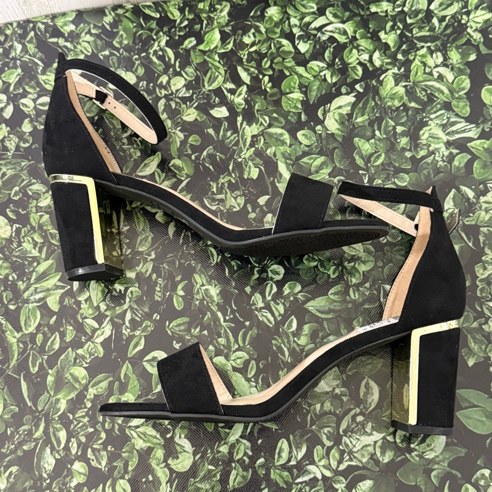 Jones New York Black Suede Heels with Ankle Strap with Gold Trim - Picture 4 of 13